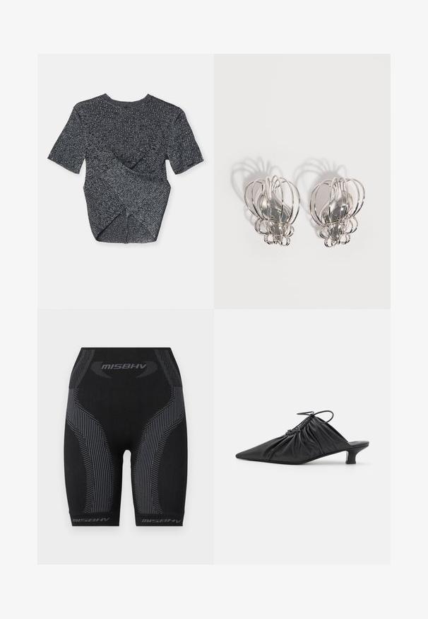 Top de punto gris de manga corta con un patrón texturizado, que presenta un diseño superpuesto en la parte posterior y un clásico cuello redondo.; Bermudas deportivas negras con un diseño ajustado, tejido texturizado, rayas verticales en gris y logo "MISBHV" en el dobladillo.; Mules negros de cuero sin hebillas con punta afilada, textura recogida y un pequeño tacón de gato. Presentan un detalle de cordón en la abertura.; Par de pendientes de metal plateado con diseño de jaula de alambre abierto y formas ovaladas centrales lisas que proyectan sombras curvas sobre un fondo blanco.