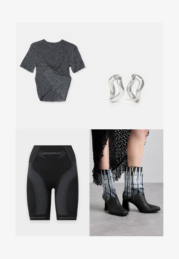 Grijs kortlijn gebreid topje met een textuurpatroon, voorzien van een overlappend ontwerp aan de achterkant en een klassieke ronde halslijn.; Zwarte sportshorts met een aansluitend ontwerp, textuurstof, verticale strepen in het grijs en het "MISBHV" logo aan de zoom.; Zwarte leren enkellaarsjes met een stevige hak, gekenmerkt door een onderscheidend blauw numeriek patroon en een zijrits voor sluiting.; Zilveren oorbellen met een gedraaid ontwerp. Afgeronde randen en een glanzende afwerking. Open sluitingen voor gemakkelijk dragen. Soepele textuur over het geheel.