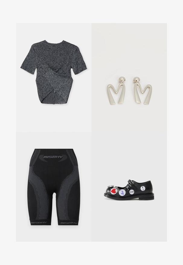 Grå kortærmet strikket top med et struktureret mønster, der har et overlapdesign bagpå og en klassisk rund halsudskæring.; Sorte atletiske shorts med en tætsiddende pasform, struktureret stof, lodrette grå striber og "MISBHV" logo ved kanten.; Sort læder Mary Jane sko med en rem og spænde, prydet med forskellige runde klistermærker i røde, blå og hvide nuancer. Flad såldesign.; Par sølvtonede metaleøreringe formet som den kantede bogstav M med runde fester på en hvid baggrund.
