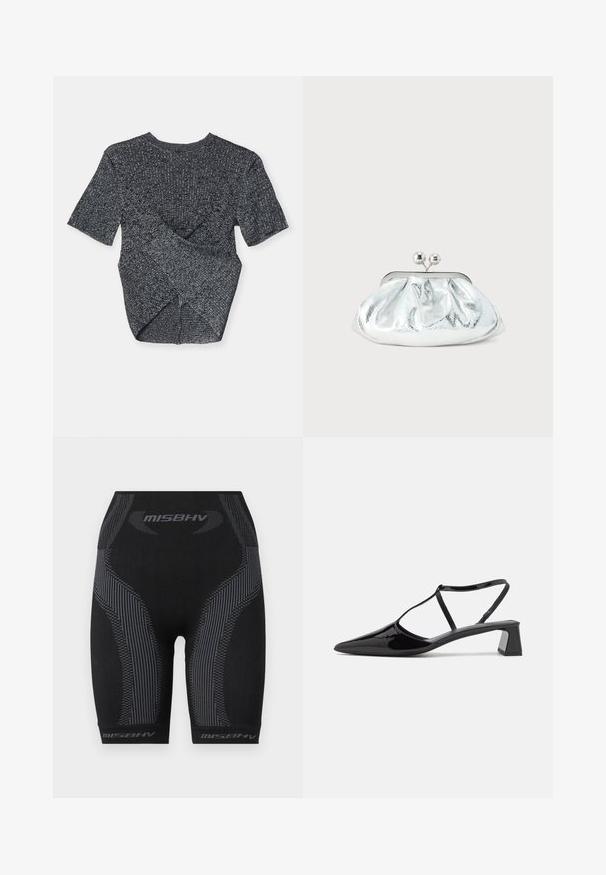 Grå kortærmet strikket top med et struktureret mønster, der har et overlapdesign bagpå og en klassisk rund halsudskæring.; Sorte atletiske shorts med en tætsiddende pasform, struktureret stof, lodrette grå striber og "MISBHV" logo ved kanten.; Sorte patentlæder slingbacksko med spids tå, justerbar rem og firkantet mellemstiletto. Glat tekstur med en glansfuld finish.; Lille sølvfarvet metallisk clutch-pung med rundet, rynket design og lukning med to sølvkugler.