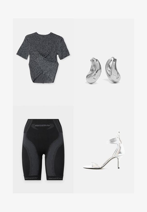 T-shirt gris à manches courtes en tricot avec un motif texturé, présentant un design superposé à l'arrière et un col rond classique.; Shorts de sport noirs avec une coupe ajustée, un tissu texturé, des rayures verticales grises et le logo "MISBHV" au bas.; Sandale à talon haut argentée avec fines brides, tour de cheville et talon aiguille fin sur fond blanc uni.; Boucles d'oreilles en argent en forme de créoles avec une finition incurvée et brillante, et un design sans couture. Équipées d'une fermeture à charnière pour un port sécurisé.