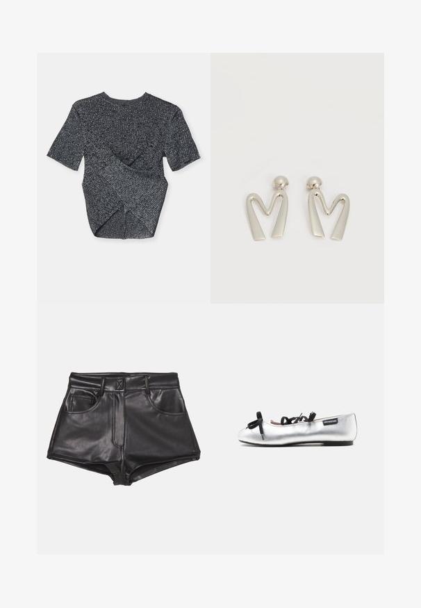 Top de punto gris de manga corta con un patrón texturizado, que presenta un diseño superpuesto en la parte posterior y un clásico cuello redondo.; Pantalones cortos de imitación cuero negros con cintura alta, que cuentan con dos bolsillos frontales, costuras visibles y una textura suave.; Bailarina plateada con lazos de cinta negra y etiqueta Love Moschino, vista de perfil sobre un fondo gris claro.; Par de pendientes de metal plateado con forma de letra M angular y postes redondeados sobre un fondo blanco.