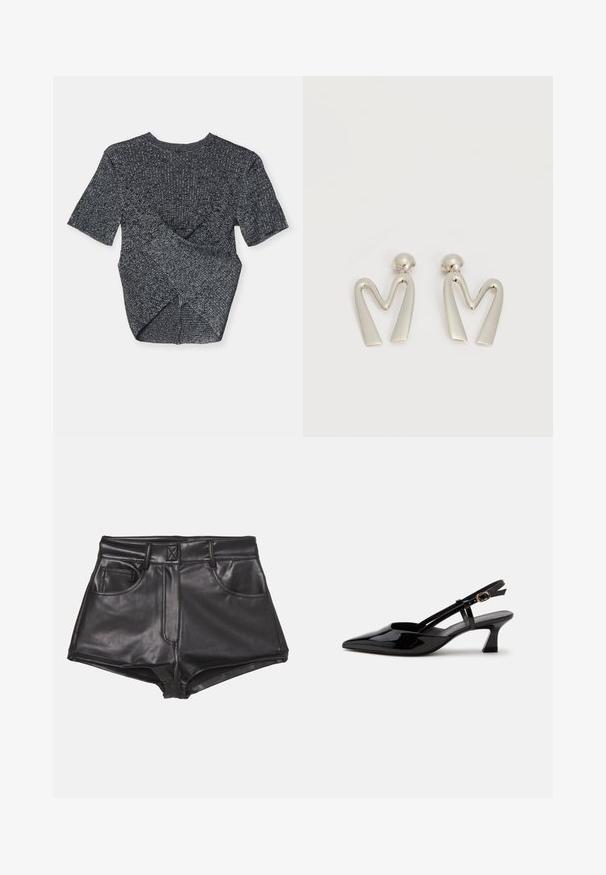 T-shirt gris à manches courtes en tricot avec un motif texturé, présentant un design superposé à l'arrière et un col rond classique.; Shorts en simili cuir noirs à taille haute, dotés de deux poches frontales, de coutures apparentes et d'une texture lisse.; Chaussure slingback en cuir verni noir à petit talon, bout pointu et bride réglable avec boucle dorée sur fond blanc.; Paire de boucles d'oreilles en métal argenté en forme de lettre M angulaire avec des tiges arrondies sur fond blanc.
