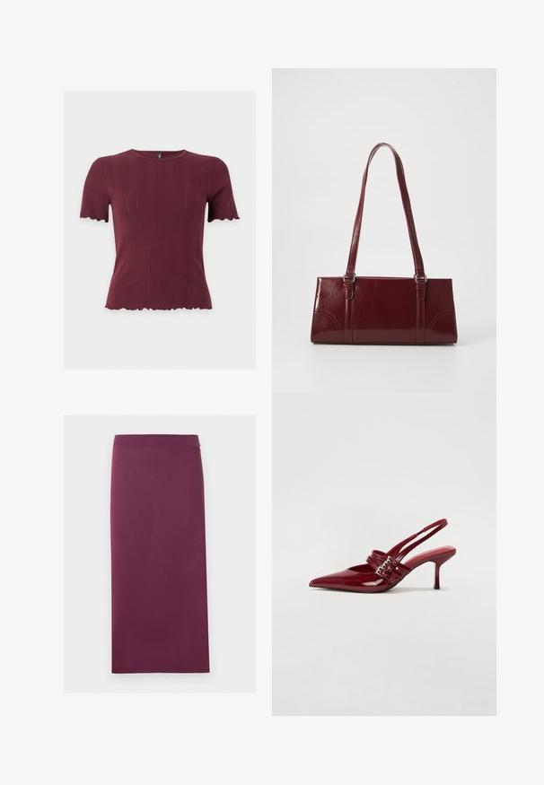 Haut en maille bordeaux à manches courtes avec bords festonnés aux manches et à l'ourlet, présentant un col rond et une texture verticale subtile.; Jupe crayon unie couleur prune, coupe droite et longueur mi-mollet, présentée à plat sur fond blanc.; Escarpins slingback en cuir verni rouge avec un bout pointu, deux brides à boucle et un talon aiguette slim de hauteur intermédiaire. Texture lisse.; Sac à main bordeaux en matériau brillant, de forme rectangulaire, avec deux anses et des accents légèrement courbés à l'avant.