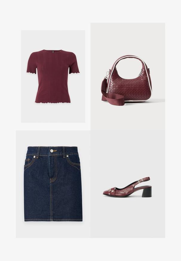 Haut en maille bordeaux à manches courtes avec bords festonnés aux manches et à l'ourlet, présentant un col rond et une texture verticale subtile.; Jupe en denim bleu foncé avec des coutures visibles, design à cinq poches et fermeture par bouton à l'avant. Coupe droite avec un ourlet net.; Chaussure slingback en cuir bordeaux avec un bout arrondi, un design incurvé, des accents en métal argenté et un talon bloc. Finition texturée.; Sac à main en cuir tressé marron foncé avec poignée courbée, garniture blanche, fermeture éclair argentée et bandoulière large en tissu amovible sur fond uni.