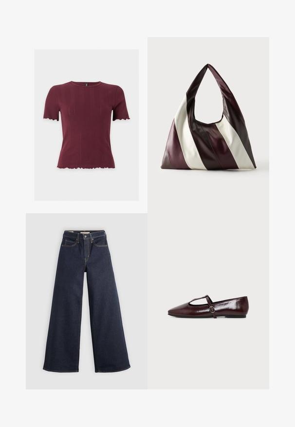 Kortermig bordeaux gebreid topje met geschulpte randen aan mouwen en zoom, met een ronde halslijn en subtiele verticale structuur.; Wijde denim jeans in donkerblauw met contrasterende stiksels. Bevat een traditionele vijf-pocketontwerp en een knoopsluiting in de taille.; Donker bordeauxrode leren platte schoen met een puntige neus en een dunne T-strap met een zilveren gesp op een witte achtergrond.; Grote driehoekige leren handtas met brede diagonale strepen in donkerbruin, bordeaux en crèmekleuren tegen een effen achtergrond.