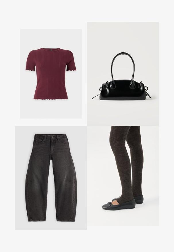 Kortermig bordeaux gebreid topje met geschulpte randen aan mouwen en zoom, met een ronde halslijn en subtiele verticale structuur.; Zwarte denim jeans met een relaxed fit, voorzien van vijf zakken, een knoopsluiting en subtiele vervaging. De stof heeft een soepele, stevige textuur.; Benen met donkere geribbelde leggings gecombineerd met zwarte ballerina's met kleine strikdetails op een witte achtergrond.; Kleine zwarte glanzende handtas met twee lange hengsels en zijkant trekkoord details op een effen lichte achtergrond.