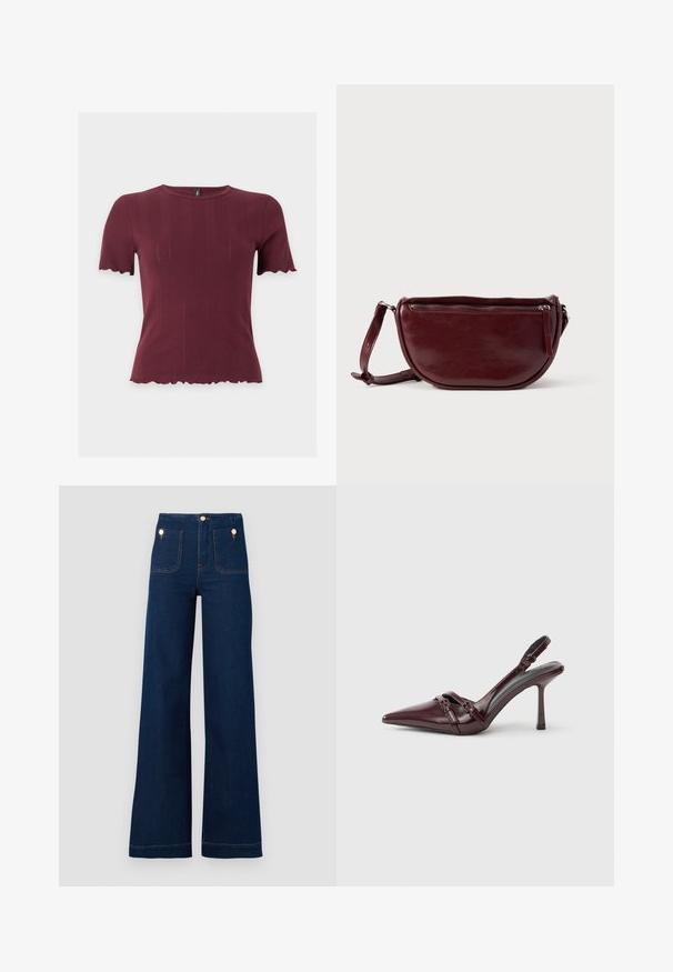 Kortærmet bordeaux striktop med bølgede kanter på ærmer og kant, med rund halsudskæring og subtil lodret tekstur.; Mørkeblå vidde jeans med høj talje, guldknap-detaljer, to for- og baglommer samt kontrastsyede detaljer. Tekstureret denim stof.; Bourgogne laklæder slingback-hæl med spids tå, tynd ankelrem og lille dekorativ spænde. Glat tekstur og høj hæl.; Vinrød læderhåndtaske med halvmåneform, lynlås og aftagelig rem. Glat tekstur med en subtil glans.
