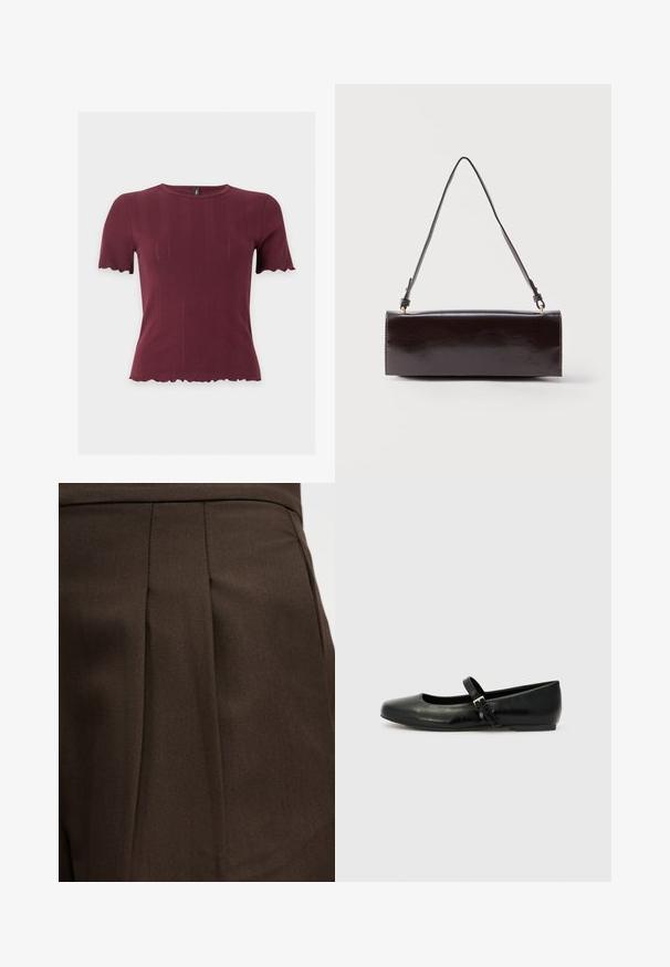 Haut en maille bordeaux à manches courtes avec bords festonnés aux manches et à l'ourlet, présentant un col rond et une texture verticale subtile.; Vêtement brun foncé sur mesure avec un détail de plis verticaux sur une surface de tissu lisse.; Ballerines en cuir noir avec un bout arrondi, une semelle plate et une fine sangle ajustable sur le cou-de-pied avec une boucle en métal.; Sac à main rectangulaire en cuir noir avec une longue bandoulière unique et une finition brillante, présenté sur un fond blanc uni.