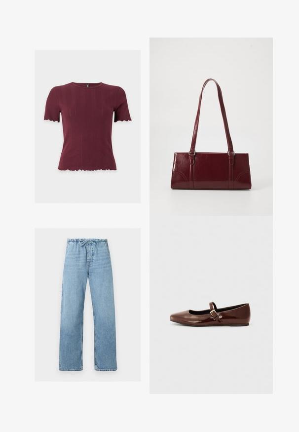 Haut en maille bordeaux à manches courtes avec bords festonnés aux manches et à l'ourlet, présentant un col rond et une texture verticale subtile.; Jean en denim bleu clair avec jambes larges, taille élastique et lien à cordon, présenté à plat sur fond blanc.; Ballerine en cuir verni marron avec un bout carré et une lanière ornée d'une petite boucle dorée. Texture lisse, talon bas et design minimaliste.; Sac à main bordeaux en matériau brillant, de forme rectangulaire, avec deux anses et des accents légèrement courbés à l'avant.