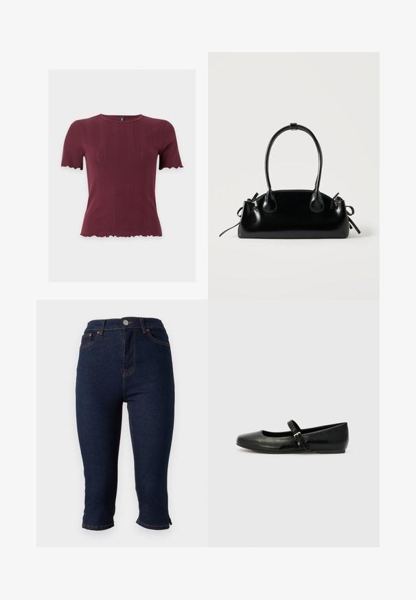 Haut en maille bordeaux à manches courtes avec bords festonnés aux manches et à l'ourlet, présentant un col rond et une texture verticale subtile.; Jean skinny court en denim bleu foncé avec fermeture frontale par boutons et surpiqûres orange, présenté sur fond blanc.; Ballerines en cuir noir avec un bout arrondi, une semelle plate et une fine sangle ajustable sur le cou-de-pied avec une boucle en métal.; Petit sac à main noir brillant avec deux longues anses et des détails à cordon sur les côtés sur un fond clair uni.