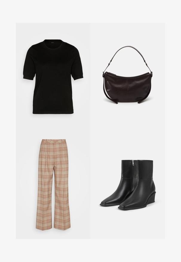 Pull noir à manches courtes avec un col rond, texture tricot lisse et coupe ajustée, présentant des poignets et un ourlet côtelés pour une finition soignée.; Scotch & Soda ROSE PLEATED HIGH RISE WIDE LEG CHECK PANT - Pantalon classique - multi coloured; Paire de bottines en cuir noir avec bouts pointus, talons compensés et fermetures éclair latérales sur un fond clair uni.; Sac à épaule en cuir marron foncé avec une forme courbe, texture lisse et une seule sangle réglable. Doté d'une fermeture éclair.