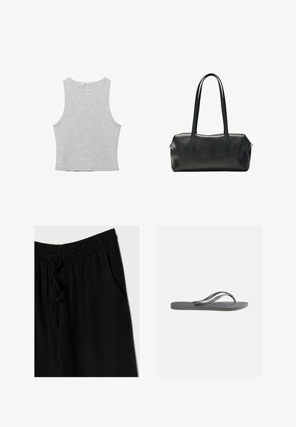 Hellgraues ärmelloses, kurzes Tanktop mit rundem Ausschnitt und sichtbarem Markenlabel am hinteren Kragen.; Schwarze Hose mit elastischem Bund und Kordelzug, bietet eine lockere Passform und Seitentaschen. Das Material wirkt weich und leicht.; Flache graue Flip-Flop-Sandale mit strukturiertem Fußbett und dünnen Y-förmigen Riemen, von der Seite vor einem schlichten hellen Hintergrund gezeigt.; Schwarze rechteckige Lederhandtasche mit zwei langen Schulterriemen und einem Reißverschluss an der Oberseite.