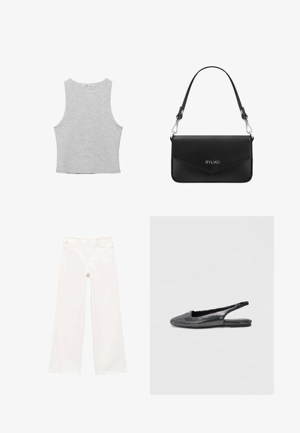 Lichtgrijze mouwloze cropped tanktop met een ronde halslijn en zichtbaar merkembleem aan de achternek.; Witte hoge taille wijde pijpen jeans met een rits en knoopsluiting aan de voorkant, twee voorke pockets en lussen voor een riem.; Slingback platte schoenen in zwart en zilver, met een getextureerd, patroonrijk bovenwerk met strasstenen en een spitse neus.; Zwarte handtas van kunstleer met klepsluiting, voorzien van zilverkleurige hardware, een afneembare riem en een geperst logo aan de voorkant.
