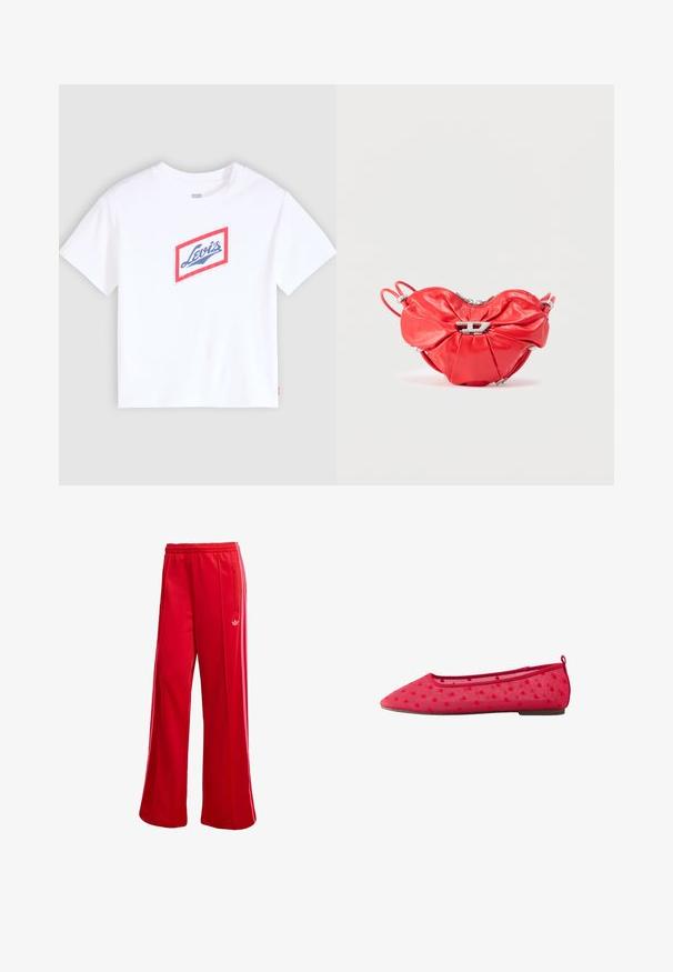 Hvid T-shirt med korte ærmer med en rød-afgrænset diamantformet logo og blå "Levi's" tekst centreret på brystet.; Røde atletiske bukser med brede ben, elastisk talje og sidelomme med lynlås. Har et lille hvidt logo på venstre side. Glat tekstur.; Rød mesh balletsko med små hævede hjerte mønstre, spids tå, lav hæl og trækflap bagpå.; Rød læderhåndtaske med hjerteform, samlet design, sølvlynlås og en fremtrædende metal logoaccent foran.