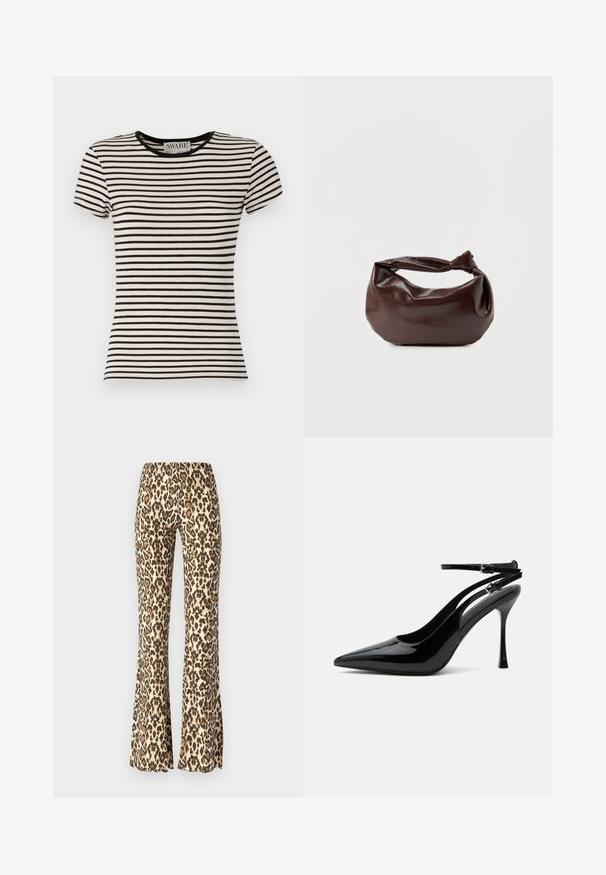 T-shirt à rayures noires et crème à manches courtes avec un col rond, en tissu doux. Coupe droite avec une finition soignée. Marque AWARE visible.; Pantalons évasés en imprimé léopard dans des tons beiges et noirs, avec une texture lisse et une taille ajustée qui s'évase à partir du genou.; Escarpin slingback en cuir verni noir à talon haut, bout pointu et doubles brides de cheville avec boucles argentées.; Sac bandoulière en cuir marron foncé avec une forme souple et décontractée et une anse nouée torsadée sur un fond blanc uni.