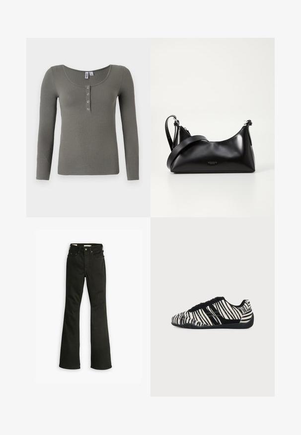Olivengroene geribbelde top met lange mouwen, een brede ronde hals en vier zilveren drukknoopjes op de voorlijst.; Zwarte flare jeans van denim. Beschikt over een klassiek vijf-pocket ontwerp met een ritssluiting, stevige stiksels en een schone zoom.; Zwart-witte vetersneaker met zebraprint en een gestructureerde zwarte zool op een egale lichte achtergrond.; Zwarte leren handtas met een gladde textuur. Beschikt over een verstelbare schouderband en een strak, minimalistisch ontwerp met een ritssluiting.