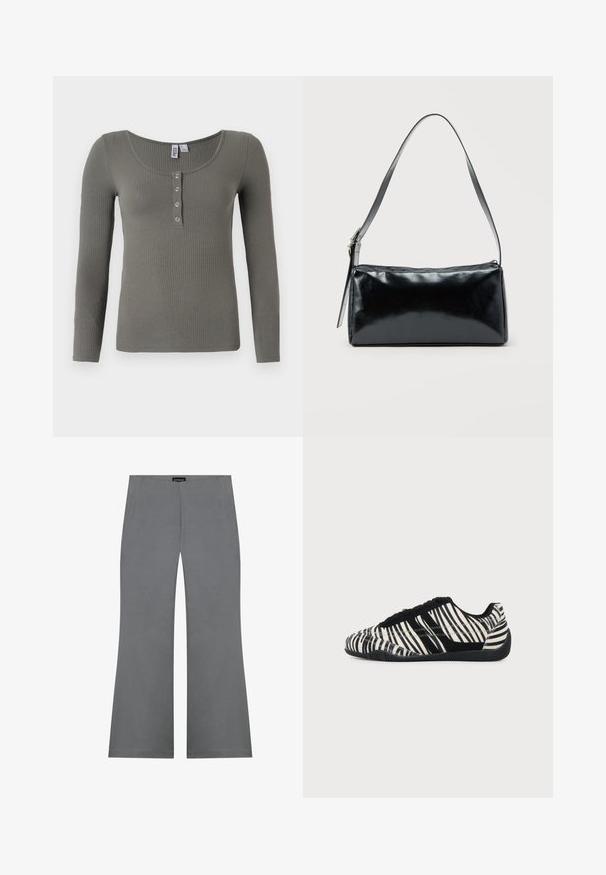 Haut à manches longues en vert olive à côtes, avec encolure dégagée et quatre boutons-pression argentés sur la patte de boutonnage avant.; Pantalons gris évasés avec une texture lisse, dotés d'une taille haute et d'un design épuré. Aucune motif visible ni détails en métal.; Baskets à lacets noires et blanches avec motif rayures zèbre et semelle noire texturée sur un fond clair uni.; Sac d'épaule rectangulaire noir avec une sangle réglable unique et une fermeture éclair supérieure sur un fond uni.