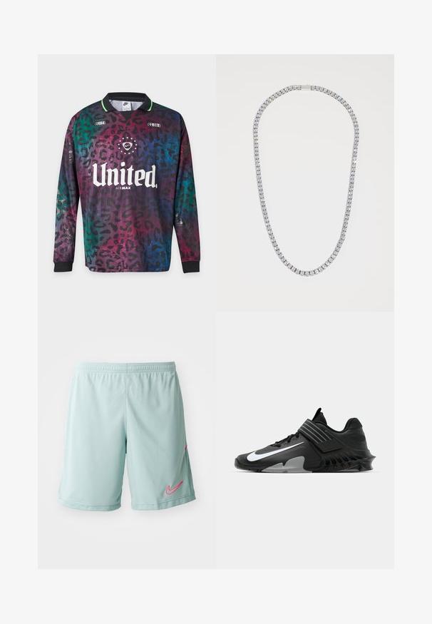 Maillot de sport Nike à manches longues avec col noir, imprimé léopard multicolore, texte blanc "United Air Max" et petits caractères chinois blancs près des épaules.; Shorts de sport bleu clair avec une texture en mesh, arborant un logo Nike rose sur le côté gauche et une taille élastique.; Baskets de sport noires au design épuré, avec un logo Nike blanc bien en vue, des surcouches texturées et une semelle moulée distincte.; DARKAI TENNIS LONG UNISEX - Collier - silver-coloured