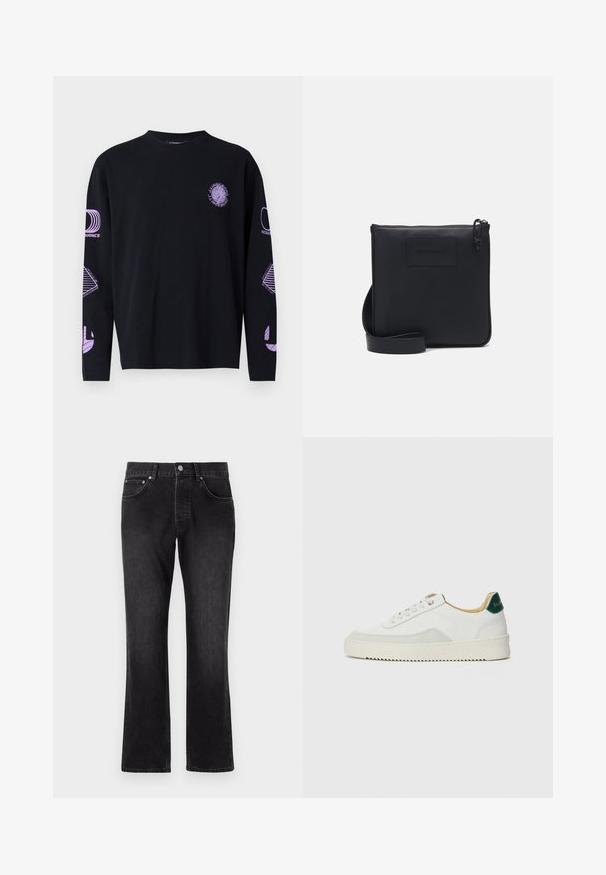 T-shirt long noir à manches longues avec des impressions graphiques violettes sur la poitrine et les manches, fabriqué dans un tissu au toucher lisse. Conception à col rond.; Jean en denim noir avec une coupe droite, présentant une taille mi-haute, des poches avant et une fermeture à boutons classique.; Baskets blanches avec des accents en daim, bout arrondi, lacets plats et semelle en caoutchouc crème. Présente une marque verte sur le talon.; Sac à bandoulière en cuir noir avec une finition texturée, de forme rectangulaire, fermeture zippée et bandoulière réglable. Présente un logo de marque discret sur le devant.