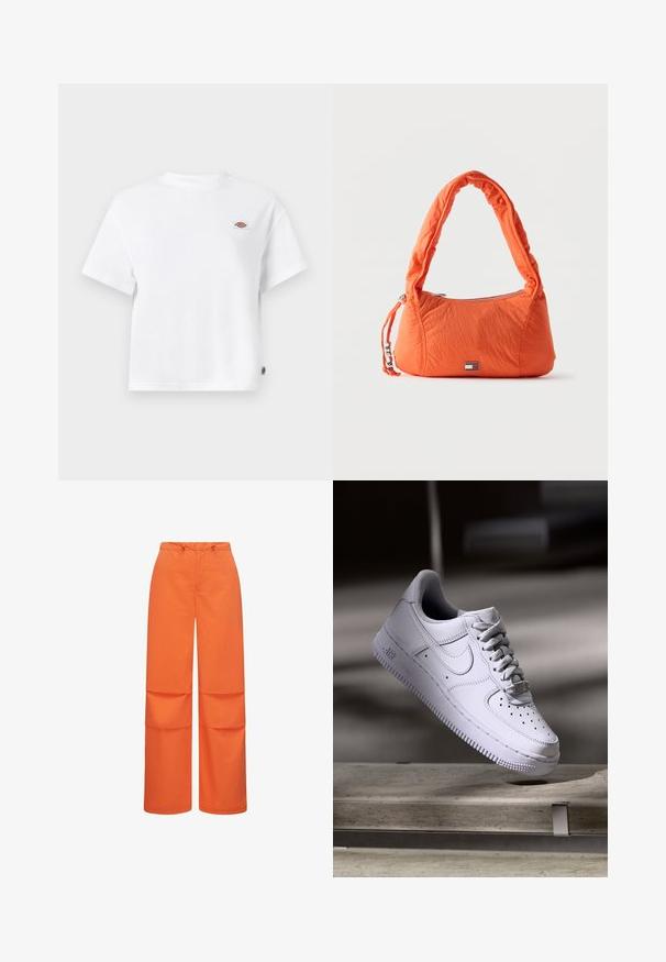 Camiseta blanca de algodón con un corte relajado, que presenta un pequeño parche con logo en el pecho y una etiqueta en el costado para un detalle adicional.; Pantalones de pierna ancha hechos de una tela suave y naranja. Cuentan con una cintura con cordón y dos grandes bolsillos cosidos a los lados.; Zapatilla Nike Air Force 1 blanca levitando sobre una superficie de hormigón con sombras en un entorno minimalista.; Bolso pequeño naranja con asa acolchada, cierre de cremallera y placa con el logo de Tommy Jeans en el frente sobre fondo blanco.