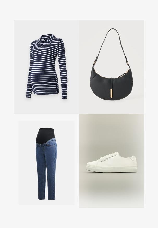 Langærmet graviditet polo shirt i mørkeblå og hvide striber, ribbet tekstur, med krave og V-hals, designet til en tætsiddende silhuet.; Graviditetsjeans med ben i blå denim og en sort strækbare abdominalpanel designet til at støtte og dække en voksende mave.; Hvid lavtop sneaker med hvide snørebånd og gummisål vist fra siden på en neutral baggrund.; Sort håndtaske formet som en halvmåne med en enkelt rem, guld lynlås og en guldfarvet rektangulær dekorativ fane foran.