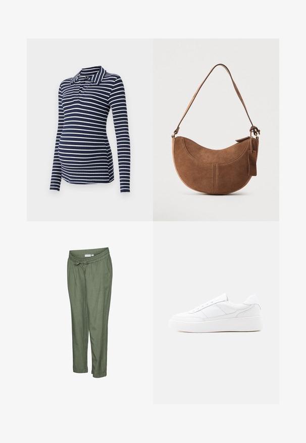 Chemise de maternité à manches longues en rayures bleu marine et blanches, texture côtelée, avec un col et un décolleté en V, conçue pour une silhouette ajustée.; Pantalon léger de couleur vert olive avec une coupe décontractée. Caractérisé par une taille élastique avec cordon de serrage, des ourlets retroussés et des poches latérales.; Baskets basses blanches avec semelle épaisse, design à lacets et détails de couture subtils sur un fond clair uni.; Sac à main en daim marron de forme courbée en demi-lune. Il est doté d'une bandoulière, d'une petite étiquette et de coutures visibles le long des bords.