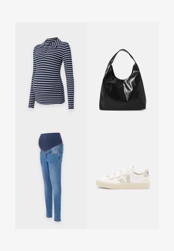 Langärmliges Umstands-Polohemd in Marineblau mit weißen Streifen, geripptem Material, mit Kragen und V-Ausschnitt, für eine taillierte Silhouette entworfen.; Schwangerschaftsjeans mit einem blauen elastischen Bund und schmalen Beinen, aus hellblauem Denim mit subtilen Verwaschungen und klassischen Gesäßtaschen.; Weiße Sneakers mit Klettverschluss, Wildlederakzenten in Beige, texturierten Gummi-Sohlen und grauem V-Logo. Minimalistisches Design, abgerundete Form.; Schwarze Leder-Hobo-Tasche mit einer weichen, glänzenden Textur und einem runden, offenen Oberteil. Verfügt über einen breiten, gebogenen Tragegurt. Keine sichtbaren Beschläge.