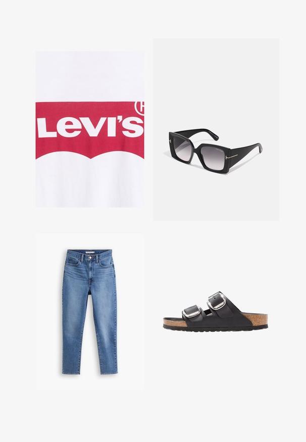 Witte katoenen t-shirt met een rood grafisch ontwerp waarop de tekst "Levi's" staat, met daarboven een gebogen logo van vetgedrukte, contrasterende letters.; Blauwe hoge taille damesjeans met een sluiting met een knop en rits aan de voorkant, riemlussen en een vijf-pocket ontwerp, plat op een witte achtergrond.; Zwarte sandaal met twee verstelbare banden, zilveren gespen en een kurken voetbed op een gestructureerde zwarte rubberen zool.; Zwarte Tom Ford zonnebril met overgrote vierkante glazen, verloop-tint en goudkleurige logo-accenten op de pootjes. Matte afwerking, slank ontwerp.