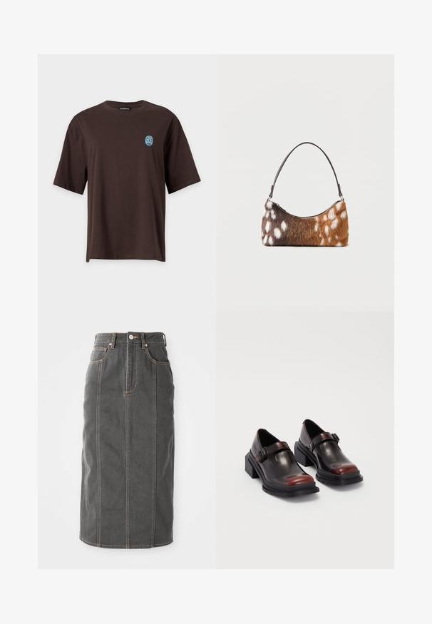 T-shirt marron foncé à manches courtes avec un petit patch bleu et jaune sur la poitrine gauche portant la mention "Take Me To Lunch."; Jupe midi en denim gris avec une coupe droite, cinq poches et des coutures orange le long des bords. Elle dispose d'une fermeture à boutons sur le devant et de passants de ceinture.; Chaussures à talons carrés en cuir avec une finition bordeaux foncé brillante, dotées d'une sangle avec boucle et d'un design à bout arrondi. Semelle texturée pour une meilleure adhérence.; Sac à bandoulière en fausse fourrure tachetée marron et blanche avec une fine sangle noire, présenté sur un fond blanc.