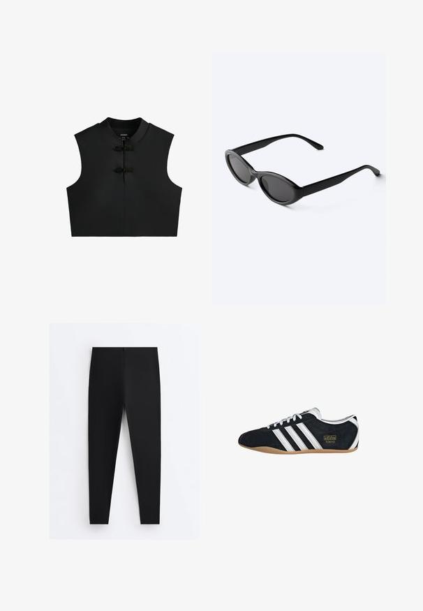 Schwarzes ärmelloses Crop-Top mit Mandarinkragen und zwei dekorativen knotenförmigen Knopfverschlüssen vorne.; Schwarze eng anliegende Leggings mit hohem Bund und glattem Stoff, flach auf einem weißen Hintergrund dargestellt.; Schwarze Wildledersneaker mit drei weißen Streifen, goldenem Logo und brauner Gummisohle. Merkmale ein niedrigprofiliertes Schnürdesign.; Schlanke schwarze ovale Sonnenbrille mit dunklen Gläsern und geraden Bügeln, liegend auf einer weißen Oberfläche.