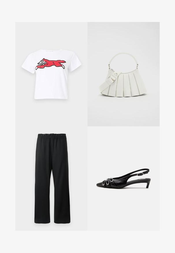 Camiseta blanca de manga corta con un zorro de dibujos animados rojo y juguetón saltando a lo largo del pecho, delineado en negro y blanco.; Pantalones negros con un diseño de pierna ancha, cintura elástica con cordón y tejido suave y ligero. Incluye bolsillos laterales.; Zapato slingback de cuero negro con punta puntiaguda, tres hebillas plateadas en la parte delantera y tacón bajo tipo «kitten» sobre fondo blanco.; Lacoste LENGLEN BAG - Bolso de mano - cristalline