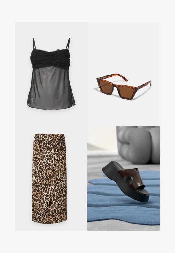 Sort spaghetti-strap-top med rynket overdel og gennemskinneligt mesh-stof under brystet, løs pasform og lige kant.; Leopardprint midi-nederdel, silkeagtig tekstur, neutral beige bund med sorte og brune pletter, draperet design med en snoet detalje ved taljen.; Sort platformsandale med mørkebrun læderoverdel og udskæringsdetalje på blå tekstureret tæppe og skulpturel stol i baggrunden.; Brune tonede solbriller med et skildpadde-mønster, vinklede stel og slanke arme. Letvægts plastmateriale.