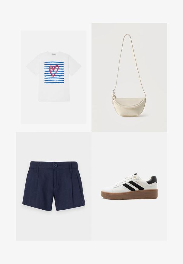 Weißes T-Shirt mit blauen horizontalen Streifen und einem roten Herz-Design. Darunter steht "Lebe wie das Meer." Aus weichem Baumwollmaterial.; Marineblaue Leinen-Shorts mit einer glatten Textur, die über Frontfalten, einen einzelnen Knopfverschluss und standardmäßige Gürtelschlaufen verfügen.; Weißer Sneaker mit niedriger Schafthöhe, schwarzen Streifen, brauner Gummisohle, Schnürverschluss vorne und gepolstertem schwarzem Fersenkragen.; Kleine cremefarbene Leder-Umhängetasche mit geschwungener Klappe und langem dünnem Riemen, der vor einfachem Hintergrund hängt.