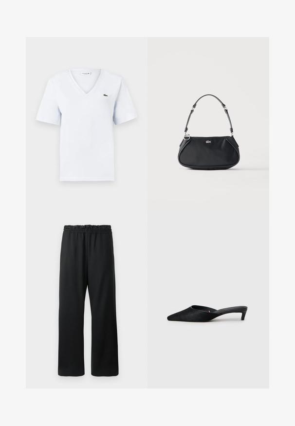 Helles blaues Baumwoll-T-Shirt mit kurzen Ärmeln, V-Ausschnitt und einem kleinen grünen Lacoste-Krokodil-Logo auf der linken Brust. Weiche Textur.; Schwarze Hose mit weitem Bein, elastischem Bund mit Kordelzug und glattem, leichtem Stoff. Enthält Seitentaschen.; Schwarze Wildleder-Mules mit spitzer Zehenform und niedrigem Absatz. Verfügen über eine glatte Textur und einen offenen Rücken für bequemes Tragen. Einfaches Design ohne Muster.; Schwarze Schultertasche mit verstellbarem Riemen, Reißverschluss und kleinem silbernem Krokodil-Logo vorne in der Mitte.