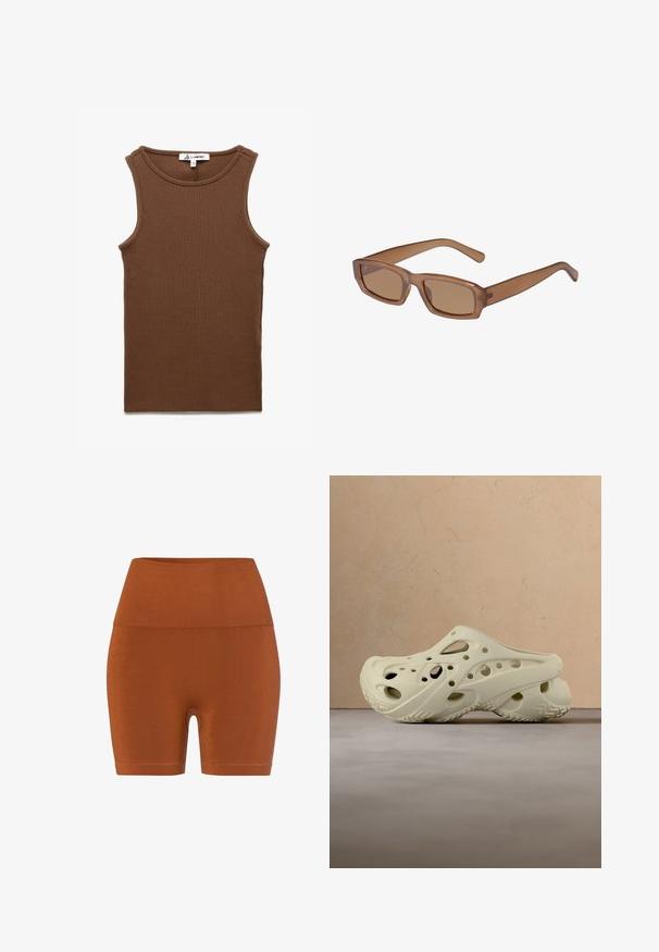 Bruine geribbelde tanktop met een ronde halslijn, zonder mouwen en een rechte zoom. Gemaakt van zachte, rekbare stof.; Bruine hooggetailleerde shorts van rekbare stof, met een gladde textuur en een aansluitend ontwerp, voorzien van een strakke, minimalistische zoom.; Een paar crèmekleurige instapklompen met meerdere ventilatiegaatjes, geplaatst op een beige tapijt naast een lichtbruine bank.; Bruine, rechthoekige zonnebril met een transparant montuur, slanke pootjes en getinte lenzen, met een gladde textuur en modern ontwerp.