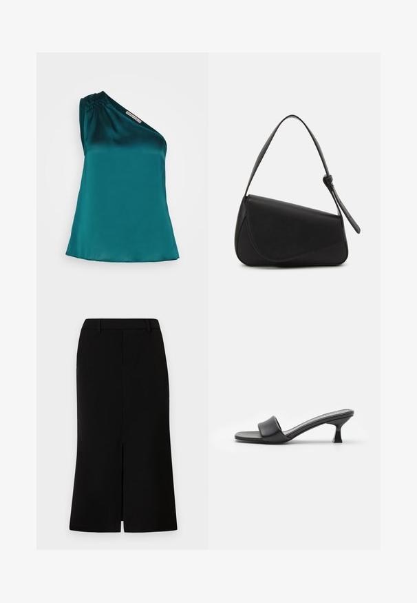 Anna Field by Zalando Top - dark green; Falda negra hasta la rodilla con una silueta recta, que presenta una abertura frontal, una textura suave y una cintura entallada.; Mules negros con tacón, de parte superior de cuero mate y suave, puntera abierta, banda ancha en el empeine y tacón cuadrado y delgado.; Bolso de mano de cuero negro con forma triangular, tapa en ángulo y un asa superior redondeada. Presenta una textura suave y detalles de diseño minimalistas.
