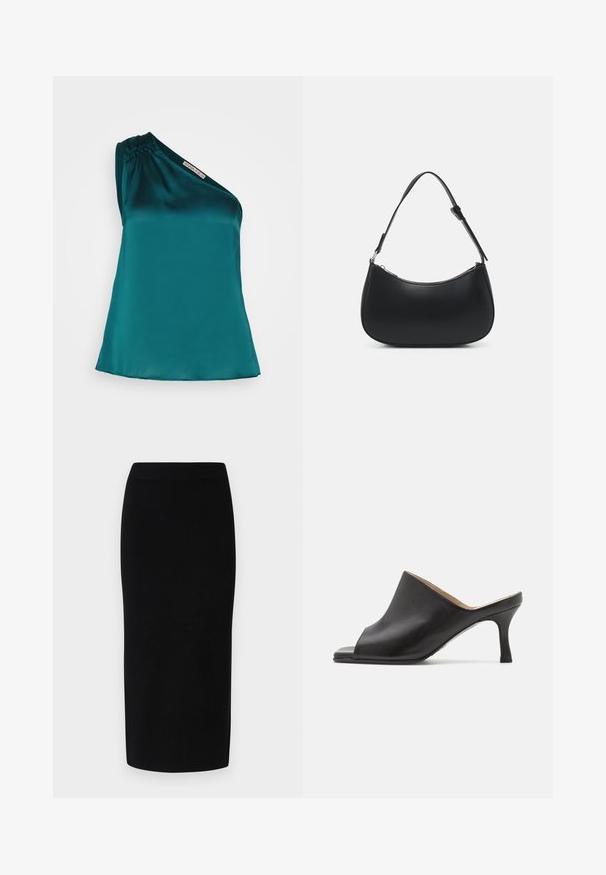 Anna Field Top - dark green; Sort strik-midi-nederdel med en tætsiddende silhuet, der har en bred elastisk talje og en glat tekstur, uden mærkbare mønstre eller accenter.; Selected ASHLEY - Mules med hæl - black; Pieces PCALUANA SHOULDER BAG - Håndtasker - black