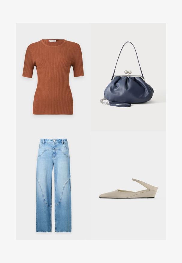 Haut à manches courtes en maille côtelée couleur rouille avec encolure ronde, silhouette ajustée et texture subtile.; Jean droit en denim bleu clair avec des détails uniques de coutures courbes à l'avant et un style classique à cinq poches.; Chaussure slingback beige à petit talon compensé, bout pointu et finition mate lisse, présentée de profil sur fond blanc.; Sac à main en cuir bleu marine doux avec fermeture à boucle argentée, une seule bandoulière, et une chaîne de poignet amovible sur fond blanc.