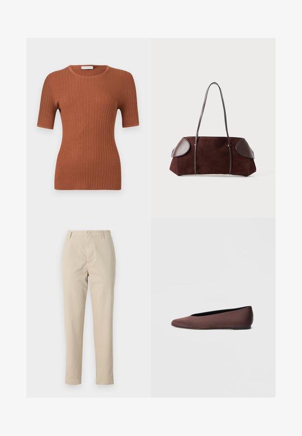 Haut à manches courtes en maille côtelée couleur rouille avec encolure ronde, silhouette ajustée et texture subtile.; Pantalons en coton beige à coupe droite, avec passants de ceinture et fermeture éclair. Le tissu a une texture lisse et aucune motif ou accent visible.; Ballerines en tissu marron avec un bout pointu et une texture lisse, dotées d'un talon bas et d'une fine semelle noire. Aucune motif ni élément métallique visible.; Sac en daim marron avec des accents en cuir, forme structurée, double poignées, bords arrondis, présentant une texture lisse et un matériel minimal.