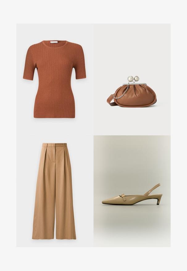 Haut à manches courtes en maille côtelée couleur rouille avec encolure ronde, silhouette ajustée et texture subtile.; Pantalons évasés en tissu beige avec des rayures blanches verticales. Comprend des plis à la taille et une texture lisse.; Escarpin slingback en cuir verni beige avec talon kitten, bout pointu et petite sangle à boucle sur fond neutre.; Pochette en cuir marron avec un fermoir à boule en argent et un petit détail en chaîne argentée sur fond blanc.