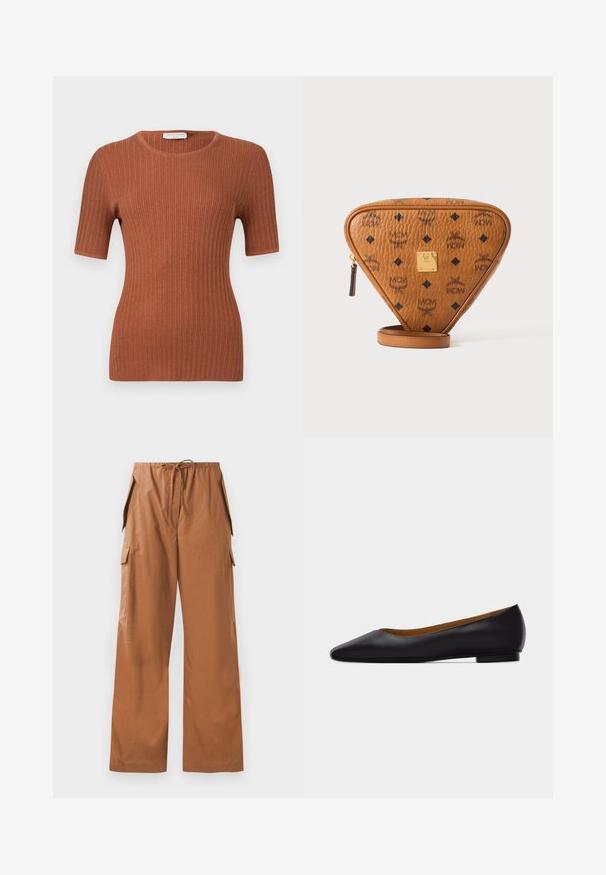 Haut à manches courtes en maille côtelée couleur rouille avec encolure ronde, silhouette ajustée et texture subtile.; Pantalons cargo marron à jambes larges en tissu léger, avec une taille élastique et un cordon de serrage ainsi que des poches latérales.; Chaussure plate en cuir noir à bout pointu avec talon bas et finition lisse, vue de côté sur un fond gris clair.; Sac bandoulière triangulaire en cuir marron avec logos MCM noirs, plaque de marque en métal doré et tirette de fermeture éclair sur fond blanc.