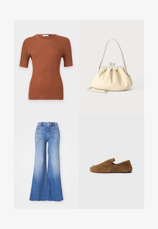 Haut à manches courtes en maille côtelée couleur rouille avec encolure ronde, silhouette ajustée et texture subtile.; Jeans en denim évasés dans un lavage bleu clair, avec une taille haute, des jambes larges distinctives et un léger dégradé vers l'ourlet. Fermeture par bouton et zip.; Mocassin en daim marron avec une semelle noire plate, des coutures apparentes détaillées et une bride sur le dessus, présenté de profil sur un fond gris clair.; Sac à main en cuir souple couleur crème avec un design froncé, fermoir cadre argenté, poignée courte et bandoulière chaîne amovible.