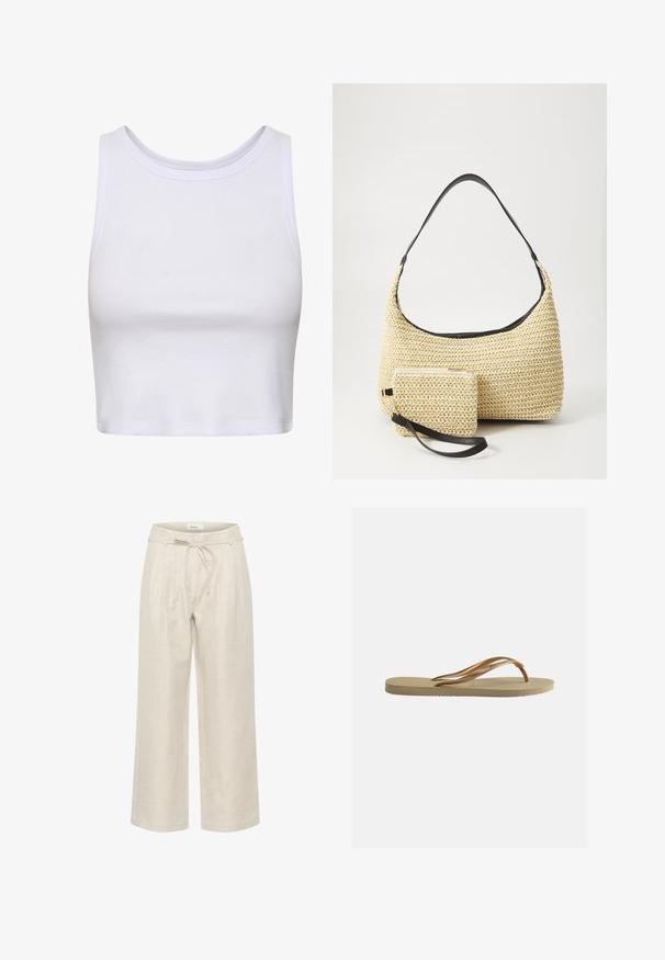 Top corto blanco hecho de tela acanalada, con un cuello redondeado y un diseño sin mangas, que presenta una silueta ajustada. Sin patrones ni detalles.; Pantalones de lino beige de pierna ancha con cinturilla de cordón y pliegues frontales, con una textura suave y corte a la altura del tobillo.; Sandalia tipo chancla beige con suela texturizada y tiras metálicas en forma de Y de color bronce sobre un fondo blanco liso.; Bolso de paja tejido con una silueta curva, que cuenta con una suave correa de cuero negro y un pequeño estuche a juego, sujeto por una correa de muñeca.