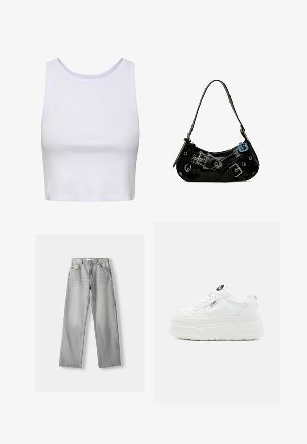 Hvid crop-top lavet af ribbet stof, med en rund halsudskæring og ærmeløs design samt en figursyet silhuet. Ingen mønstre eller detaljer.; Lys grå denim jeans med lige pasform, der har to frontlommer, en knappelukning og diskrete slidser for tekstur.; Hvide platform sneakers med en glat syntetisk overflade, rund tå, polstret krave og tekstureret sål. Har et kontrasterende logo-tag.; Sort lakeret skuldertaske med en buet form, udsmykket med sølvhardware, dekorative spænder og en kort rem. Blå mærkat vedhæftet.