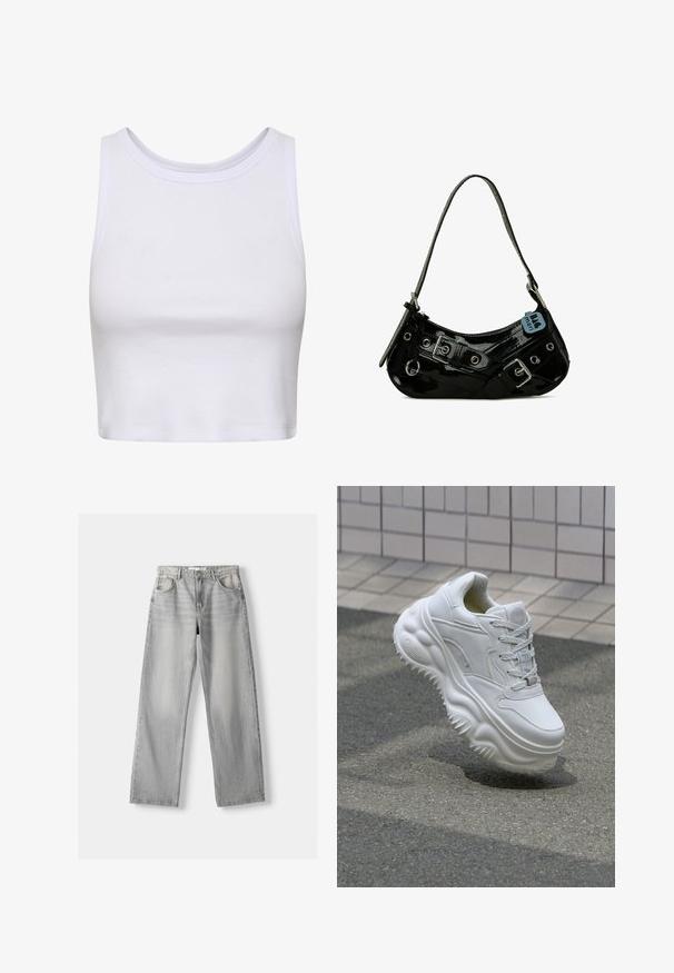 Hvid crop-top lavet af ribbet stof, med en rund halsudskæring og ærmeløs design samt en figursyet silhuet. Ingen mønstre eller detaljer.; Lys grå denim jeans med lige pasform, der har to frontlommer, en knappelukning og diskrete slidser for tekstur.; Hvide lædersneakers med en kraftig sål, teksturerede detaljer og snørelukning. Har formede accenter og en glat finish.; Sort lakeret skuldertaske med en buet form, udsmykket med sølvhardware, dekorative spænder og en kort rem. Blå mærkat vedhæftet.