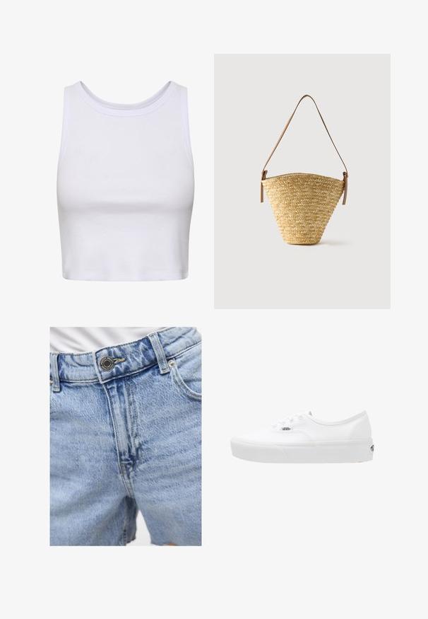 Top corto blanco hecho de tela acanalada, con un cuello redondeado y un diseño sin mangas, que presenta una silueta ajustada. Sin patrones ni detalles.; Pantalones cortos de denim azul claro con cintura alta, costuras visibles, dos bolsillos delanteros y cierre de botón de metal. Textura suave.; Vans UA AUTHENTIC PLATFORM 2.0 - Zapatillas skate - true white; Bolso tipo cubo de paja tejido con base ancha, parte superior estrecha y correa de hombro ajustable de cuero marrón.