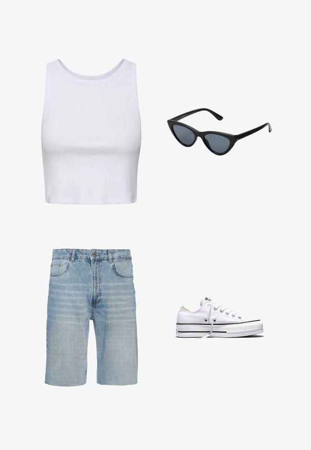 Witte crop top gemaakt van ribbelstof, met een ronde halslijn en een mouwloos ontwerp met een aansluitende pasvorm. Geen patronen of accenten.; Leren denim shorts in lichtblauw, met een klassieke vijf-pocket stijl, knoopsluiting, recht model en subtiele vervaging op de stof.; Witte lage canvas sneaker met witte veters, zwarte strepen op de zool en een rubberen, getextureerde neuskap, zijaanzicht op een witte achtergrond.; Zwarte cat-eye zonnebril met donkergrijze lenzen, slank plastic frame, puntige hoeken en rechte pootjes. Geen zichtbare hardware of accenten.