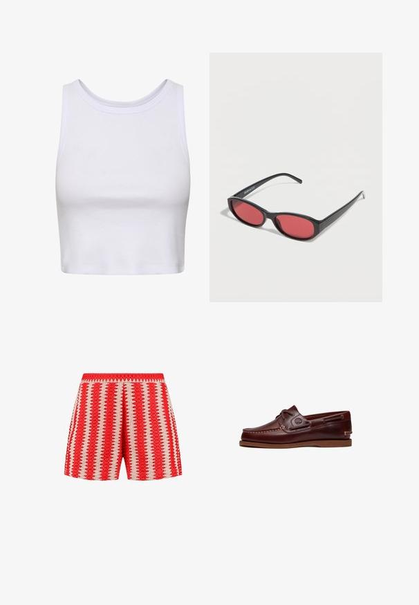 Top corto blanco hecho de tela acanalada, con un cuello redondeado y un diseño sin mangas, que presenta una silueta ajustada. Sin patrones ni detalles.; Pantalones cortos rojos con una tela texturizada con rayas verticales blancas y un patrón en forma de concha. Cintura elástica y diseño de corte holgado.; Zapato náutico de cuero marrón con cordones, detalles de costura y logo de Timberland en el lateral, mostrado sobre un fondo blanco.; Gafas de sol ovaladas negras con varillas delgadas y lentes tintados de rojo descansando sobre una superficie blanca.