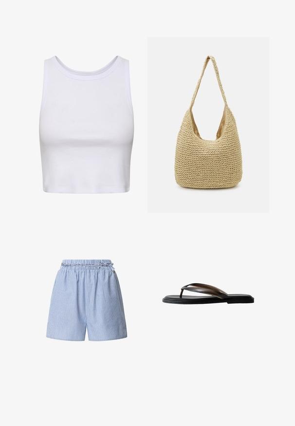 Weißes Crop-Top aus geripptem Stoff, mit rundem Ausschnitt und ärmellosem Design in körperbetonter Silhouette. Keine Muster oder Akzente.; Gestreifte blaue Shorts mit einem elastischen Taillenbund und geflochtenem Kordelzug. Verfügt über vertikale weiße Streifen und ein entspanntes Design.; Schwarze Flip-Flop-Sandale mit zwei schlanken, dunkelbraunen Riemen. Flache Sohle, glatte Textur, minimalistisches Design, geeignet für den Freizeitgebrauch.; Geflochtene Strohtasche in hellbeige, mit einem gebogenen Schulterriemen und einem geräumigen, offenen Design mit strukturierten Oberflächen.